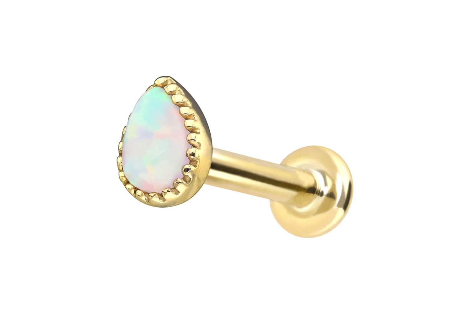 14 Karat Gold Labret Piercing mit Push Fit SYNTHETISCHER OPALTROPFEN